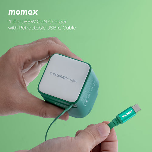 Momax UM76UKG 1-Charge+ 65W 1-Port GaN Charger with Retractable USB-C Cable - Green