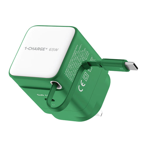 Momax UM76UKG 1-Charge+ 65W 1-Port GaN Charger with Retractable USB-C Cable - Green