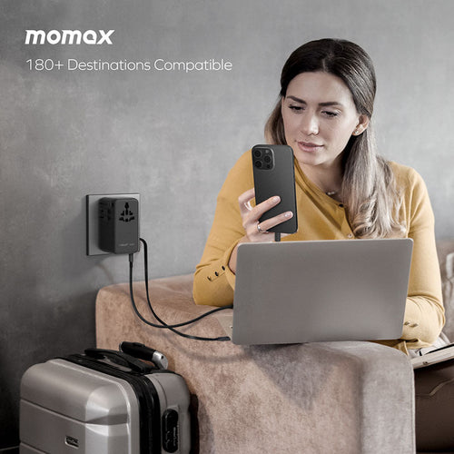 Momax UA25 1-World2+ 100W 4-Port Dual AC Travel Adapter with Built-in USB-C Cable