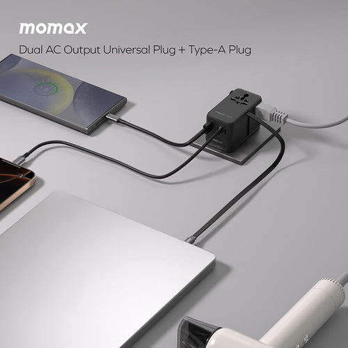 Momax UA25 1-World2+ 100W 4-Port Dual AC Travel Adapter with Built-in USB-C Cable