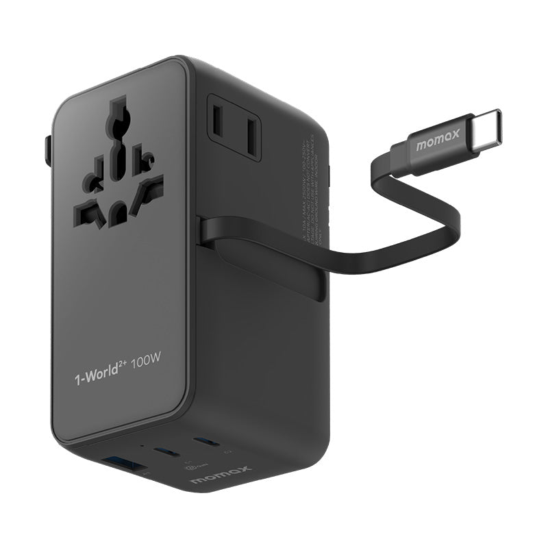 Momax UA25 1-World2+ 100W 4-Port Dual AC Travel Adapter with Built-in USB-C Cable