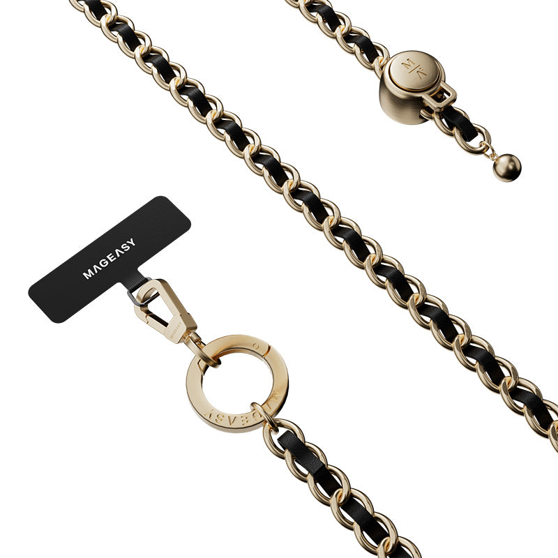 MagEasy Leather Chain Strap - Classic + Strap Card for iPhone - Black/Matte Gold