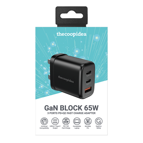 Thecoopidea CP-ADP08-Blk GaN65 3 Port PD+QC Charger Adapter