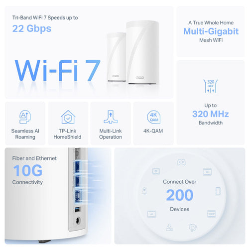 TP-Link Deco BE85 BE22000 Tri-Band Whole Home Mesh WiFi 7 System (2-Pack)