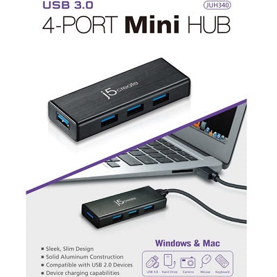 J5Create USB 3.0 4-port Mini Hub (JUH340) w Power Adapter