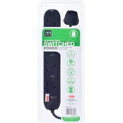 MasterPlug 2M 4 Socket Individual Switched w LED indicator Black (SWC42NB-MPA)