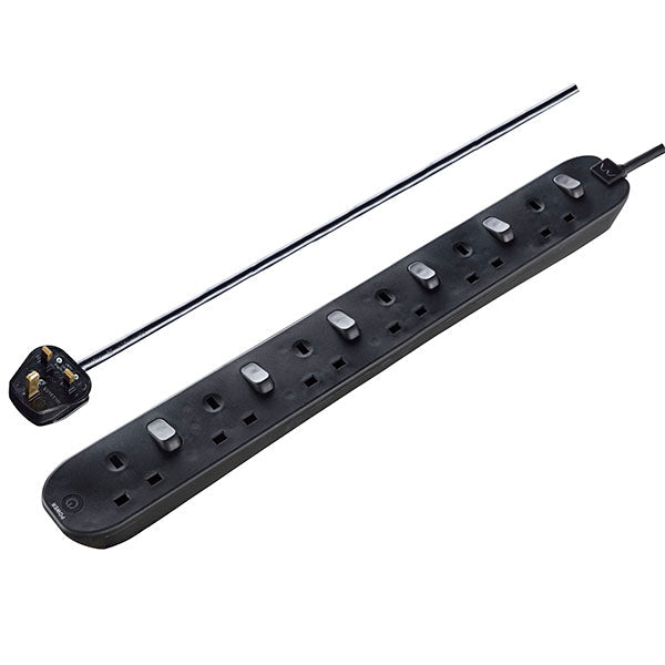 MasterPlug 2M 6 socket Individual Switched w LED indicator Black (SWC62NB-MPA)