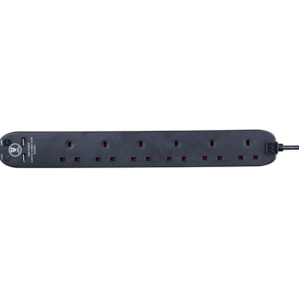Masterplug 2M 6 socket Surged Extension Lead, 2 x USB (2.1A), Black (SRGU62NB-MPA)