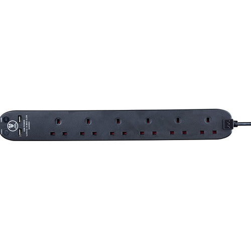 Masterplug 2M 6 socket Surged Extension Lead, 2 x USB (2.1A), Black (SRGU62NB-MPA)