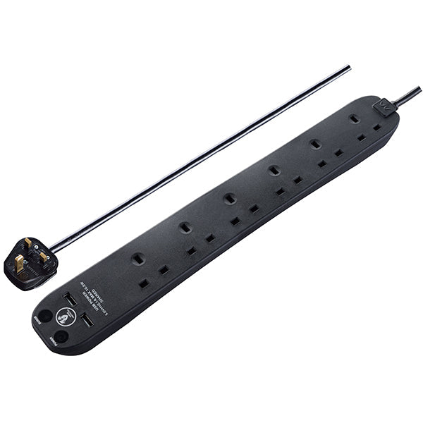 Masterplug 2M 6 socket Surged Extension Lead, 2 x USB (2.1A), Black (SRGU62NB-MPA)
