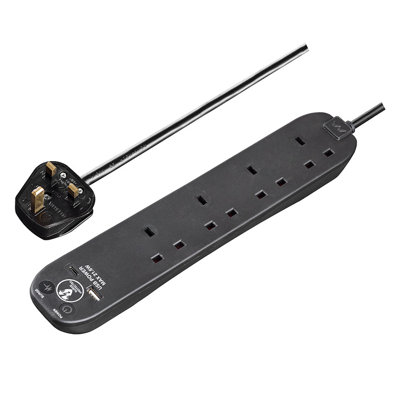 Masterplug SRGUAC2242NB 4 Socket + Type-C PD22W Surge Extension 2M (Black)