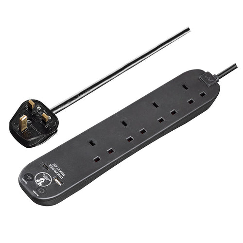 Masterplug SRGUAC2242NB 4 Socket + Type-C PD22W Surge Extension 2M (Black)