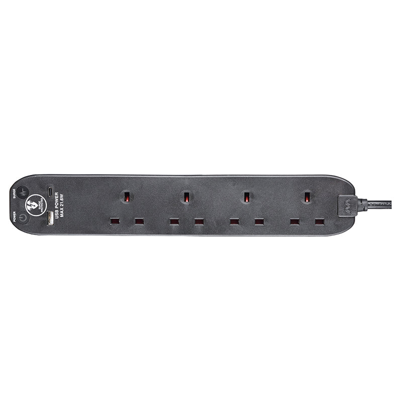 Masterplug SRGUAC2242NB 4 Socket + Type-C PD22W Surge Extension 2M (Black)