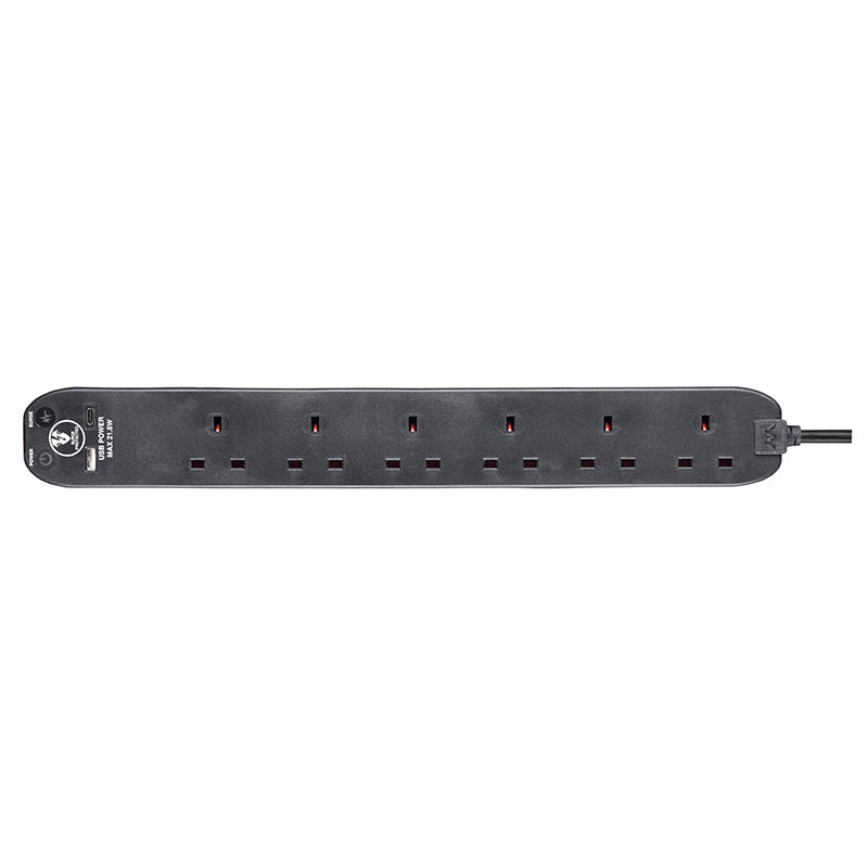 Masterplug SRGUAC2262NB 6 Socket + Type-C PD22W Surge Extension 2M (Black)