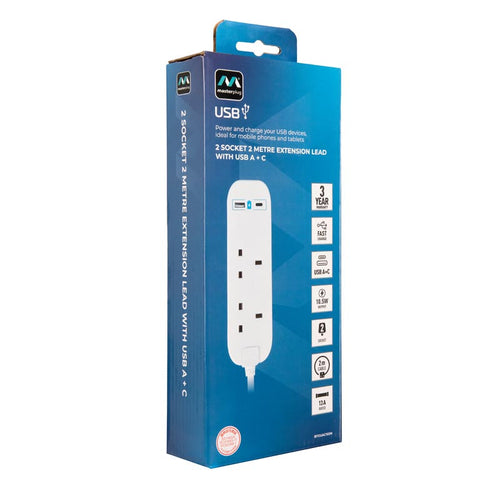 Masterplug BTGUAC102N 2Way 2M Extension Lead w USB A+C
