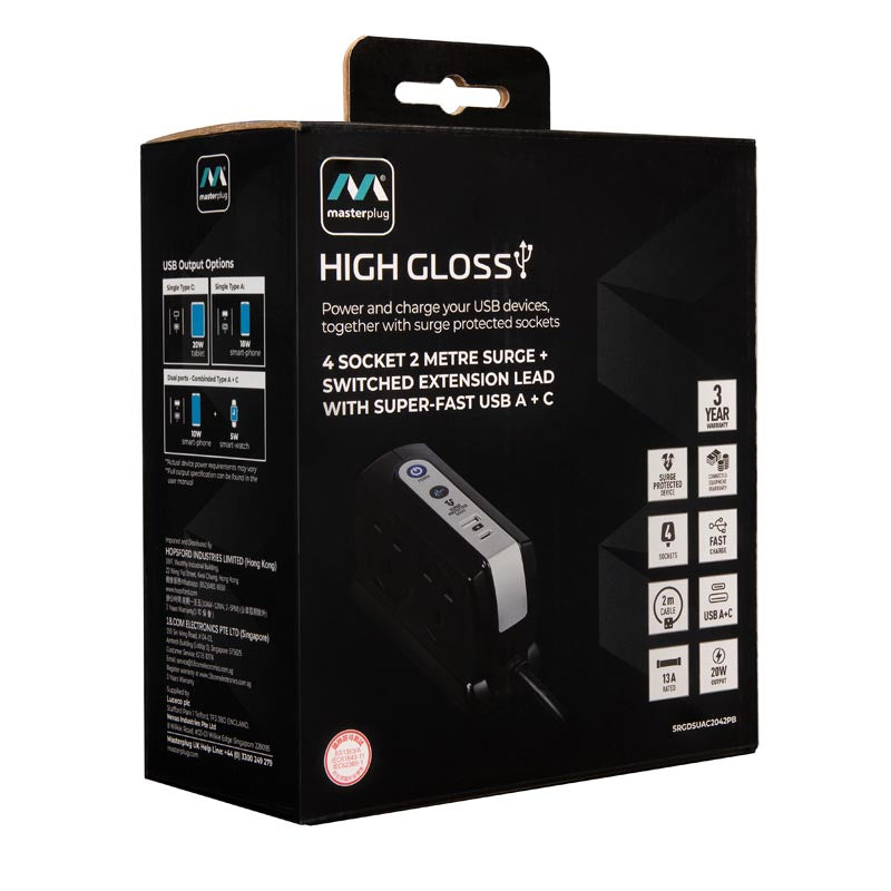 Masterplug SRGDSUAC2042PB 4 Socket 2M Surge+Switched Extension w USB A+C