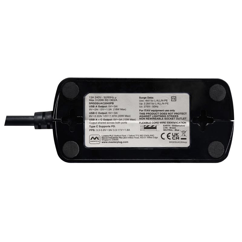 Masterplug SRGDSUAC2042PB 4 Socket 2M Surge+Switched Extension w USB A+C