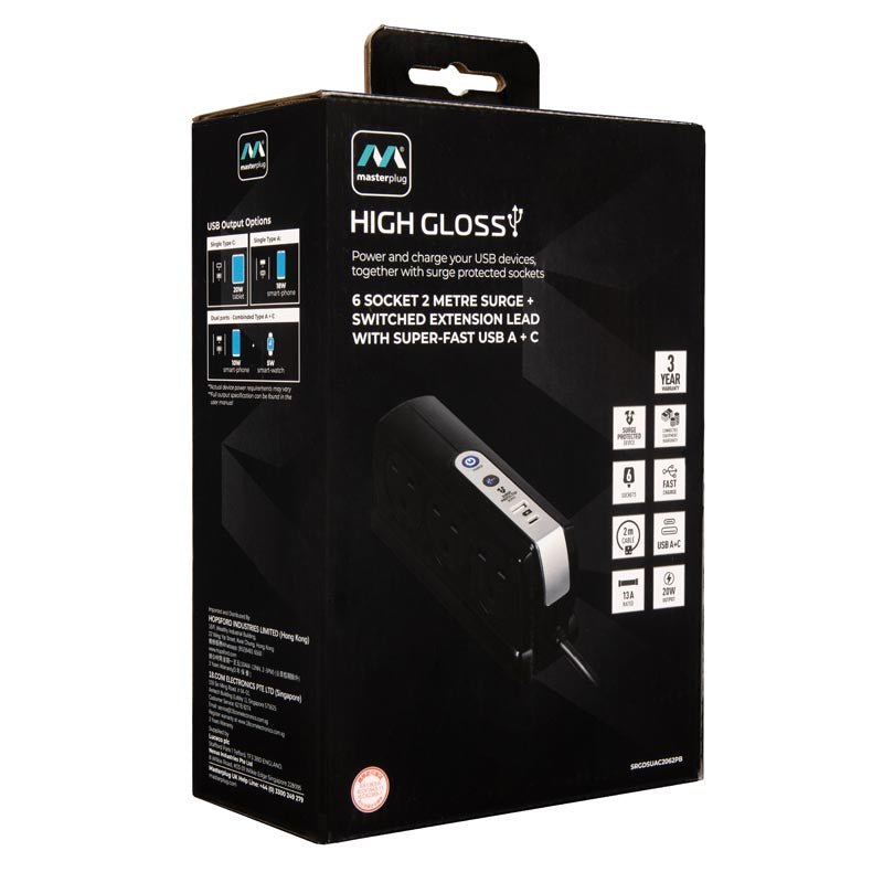 Masterplug SRGDSUAC2062PB 6 Socket 2M Surge+Switched Extension w USB A+C