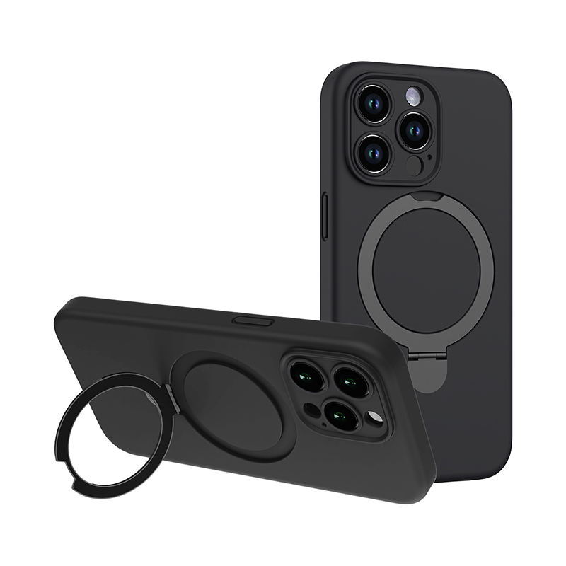 N.Brandz iPhone 15 Pro Liquid Silicon MagSafe Ring Stand Protective Case (Black)