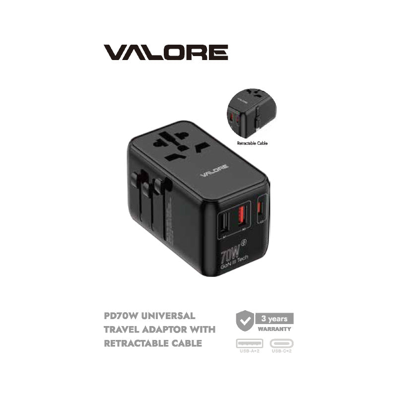 Valore PD70W Universal Travel Adaptor with Retractable Cable (UTA-002)