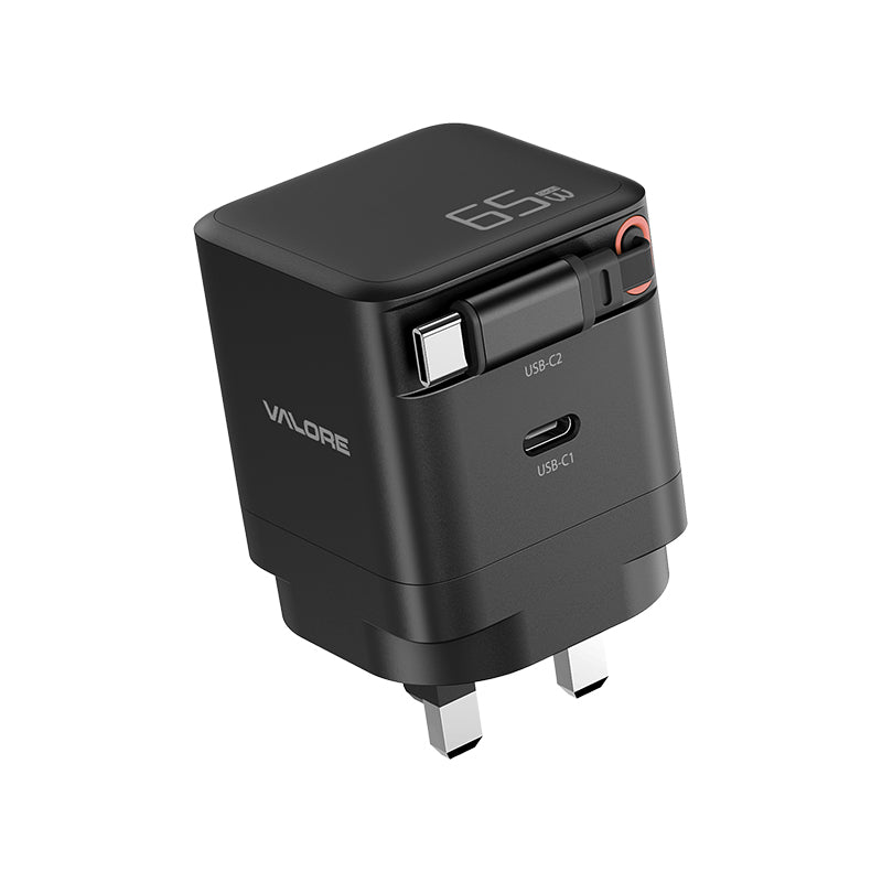 Valore PD65W GaN Wall Charger with Retractable Cable (PA-013)