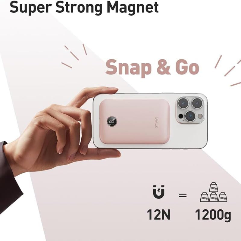 IWalk PowerGrip Slim 5000mAh Magnetic Wireless PowerBank for iPhone Pink