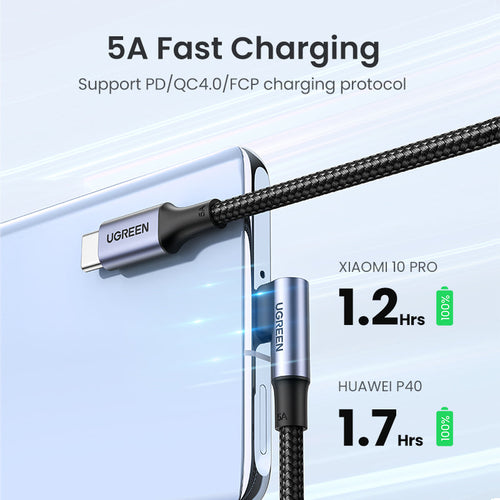 Ugreen US334 100W & 480Mbps USB-C 2.0 to Angled USB-C M/M Round Cable Aluminium Shell with Braided 2m (Black)