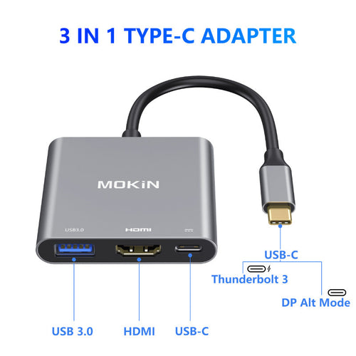 Mokin MOUC1901 3-In-1 Multiport USB-C Adapter to HDMI+USB3.0+PD (Grey)