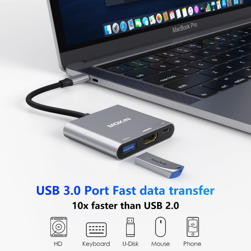 Mokin MOUC1901 3-In-1 Multiport USB-C Adapter to HDMI+USB3.0+PD (Grey)