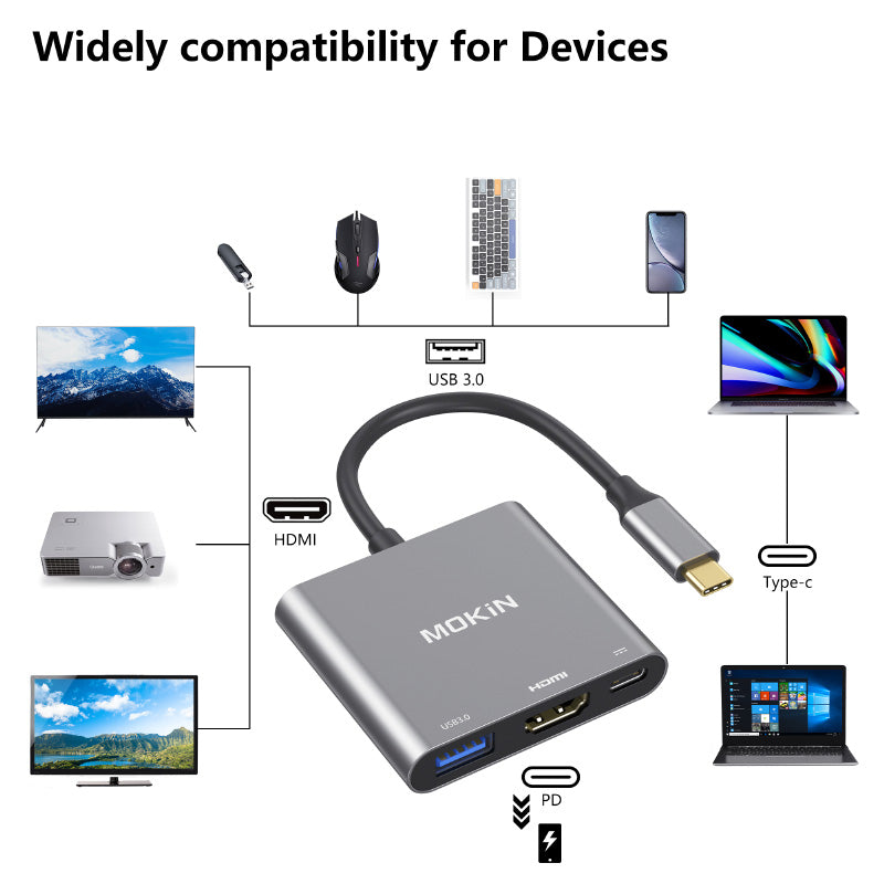 Mokin MOUC1901 3-In-1 Multiport USB-C Adapter to HDMI+USB3.0+PD (Grey)