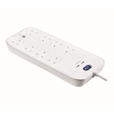 Masterplug SRGSU83PW-MPA 8 Socket In-Line Surge+Switch+2USB