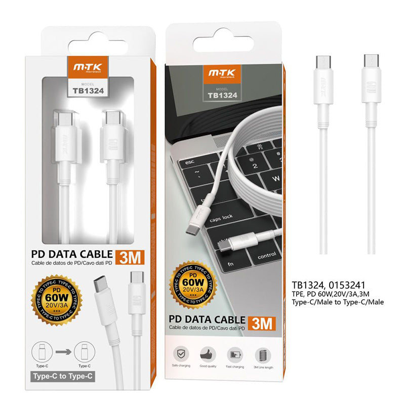Moveteck TB1324 Type C to Type C 60W 3A 3M Cable (White)