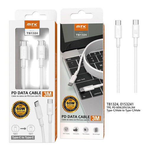 Moveteck TB1324 Type C to Type C 60W 3A 3M Cable (White)
