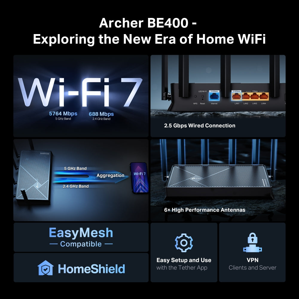 TP-Link Archer BE400 BE6500 Dual-Band Wi-Fi 7 Router – Challenger