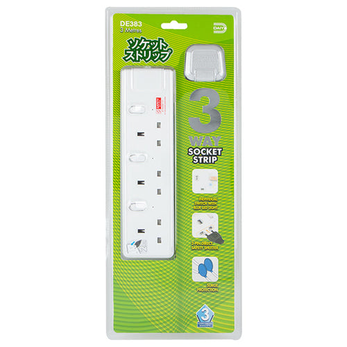 Daiyo DE383-3M LED 3 Way Socket Strip w Surge 3M