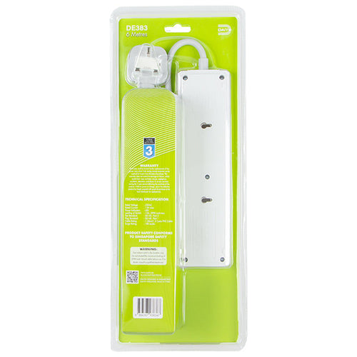 Daiyo DE383-6M LED 3 Way Socket Strip w Surge 6M