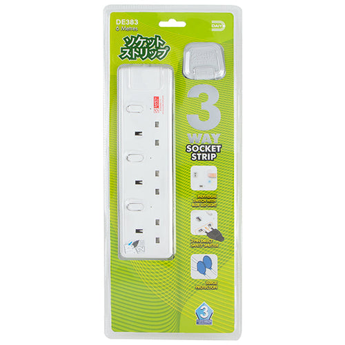 Daiyo DE383-6M LED 3 Way Socket Strip w Surge 6M