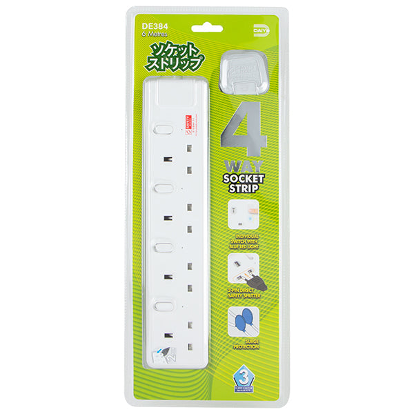 Daiyo DE384-6M LED 4 Way Socket Strip w Surge 6M