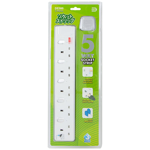 Daiyo DE385-3M LED 5 Way Socket Strip w Surge 3M