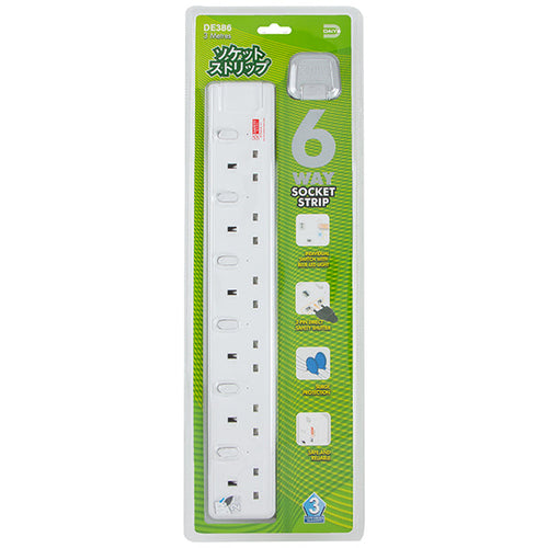 Daiyo DE386-3M LED 6 Way Socket Strip w Surge 3M