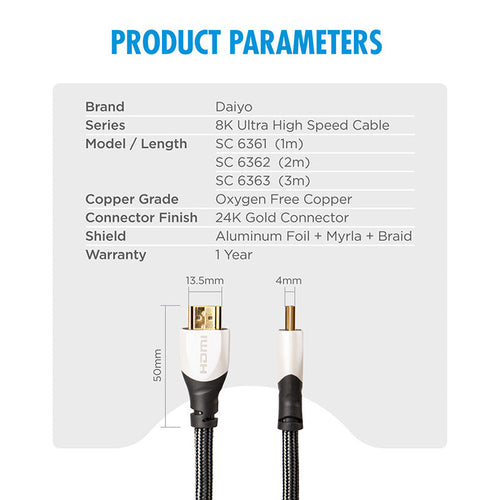 Daiyo 8K UHS HDMI Cable 2.1 Version 3M SC6363
