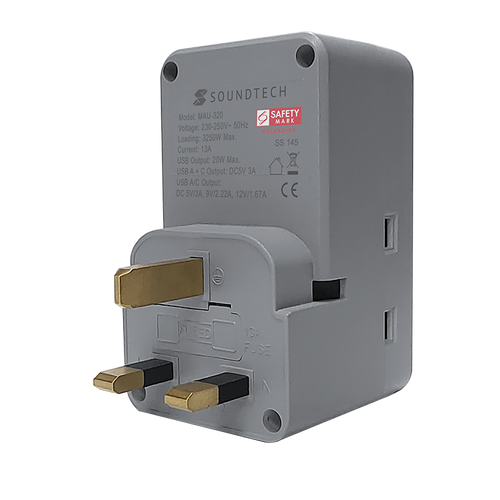 SoundTeoh MAU-320-LGrey  Adaptor with USB A + C Quick Charger (Light Grey)