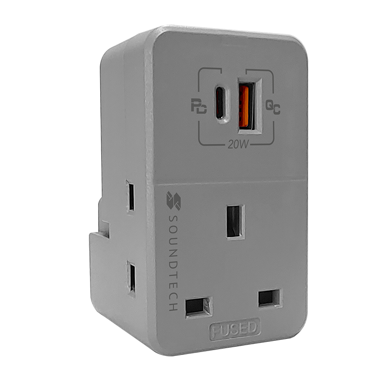 SoundTeoh MAU-320-LGrey  Adaptor with USB A + C Quick Charger (Light Grey)
