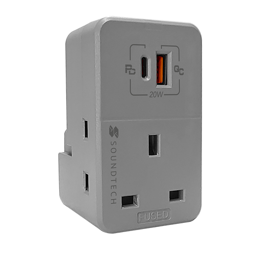 SoundTeoh MAU-320-LGrey  Adaptor with USB A + C Quick Charger (Light Grey)