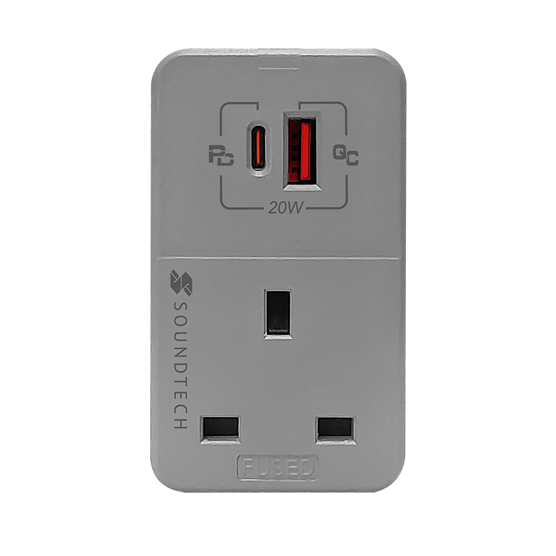SoundTeoh MAU-320-LGrey  Adaptor with USB A + C Quick Charger (Light Grey)