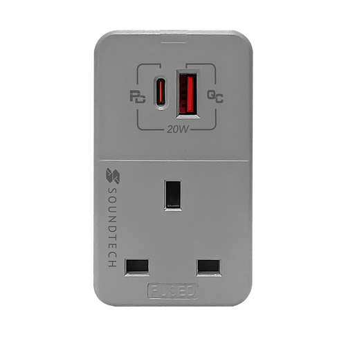 SoundTeoh MAU-320-LGrey  Adaptor with USB A + C Quick Charger (Light Grey)
