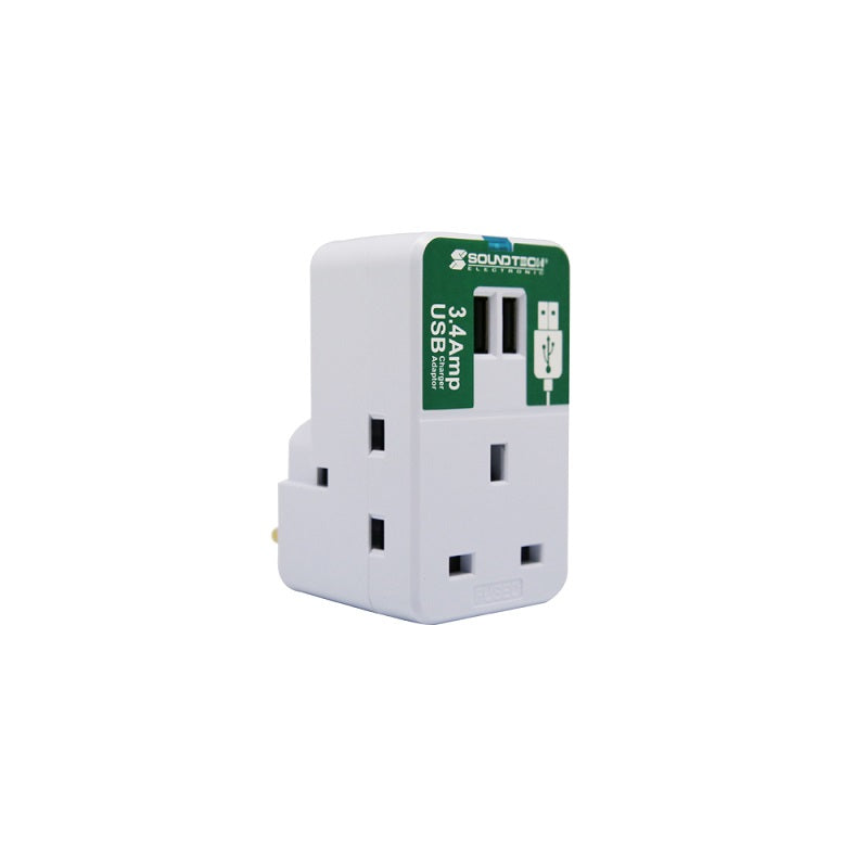 SoundTeoh PP-34U 3 Way Adapter Plug W/3.4A USB (White)