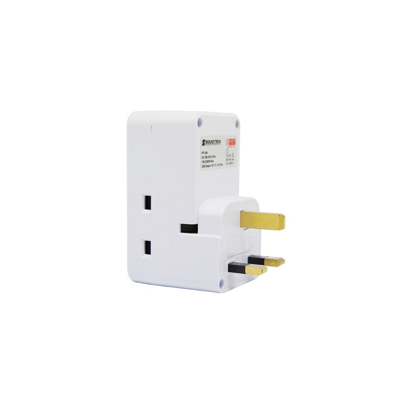 SoundTeoh PP-34U 3 Way Adapter Plug W/3.4A USB (White)
