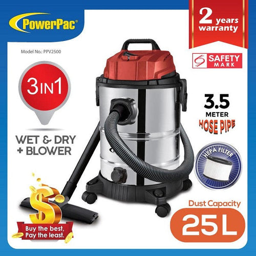 PowerPac PPV2500 Wet & Dry Vacuum Cleaner 25L 1400W