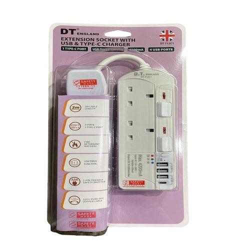 DT 712C1-3M 2 Way Extension Socket W/USB & TYPE-C Port+Timer (White)